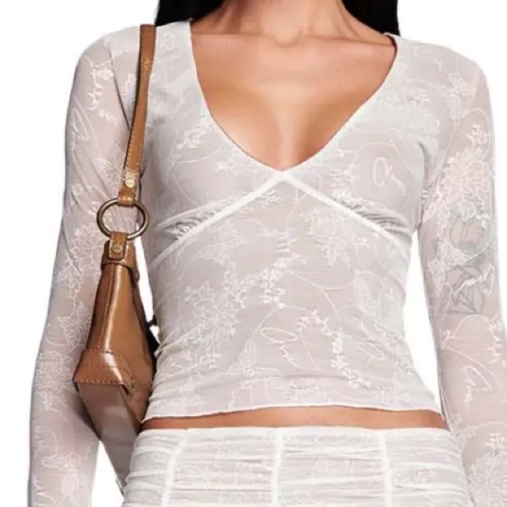 I.AM.GIA White Sheer Lace Long Sleeve V-Neck Top